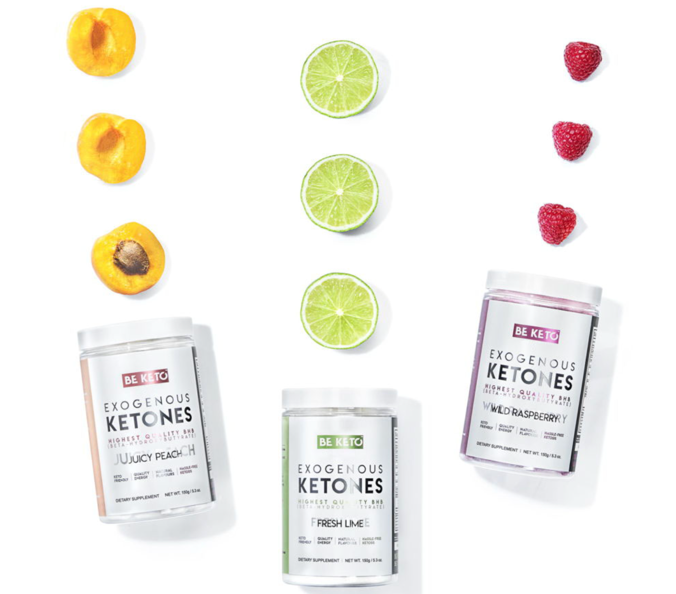 Three flavors of Exogenous Ketones — Juicy Peach, Fresh Lime, Wild Raspberry — with fresh fruit