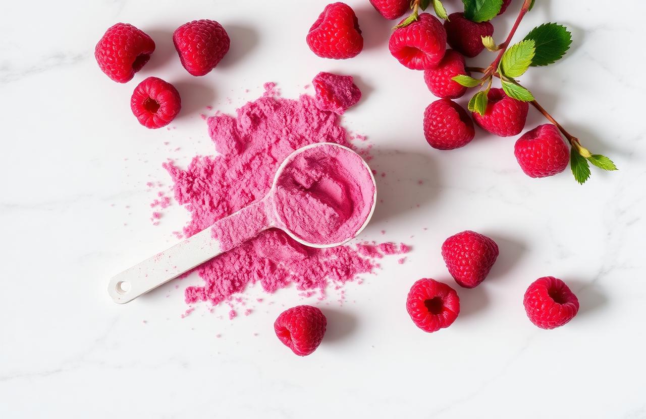 Wild Raspberry exogenous ketone powder scoop with fresh raspberries on marble